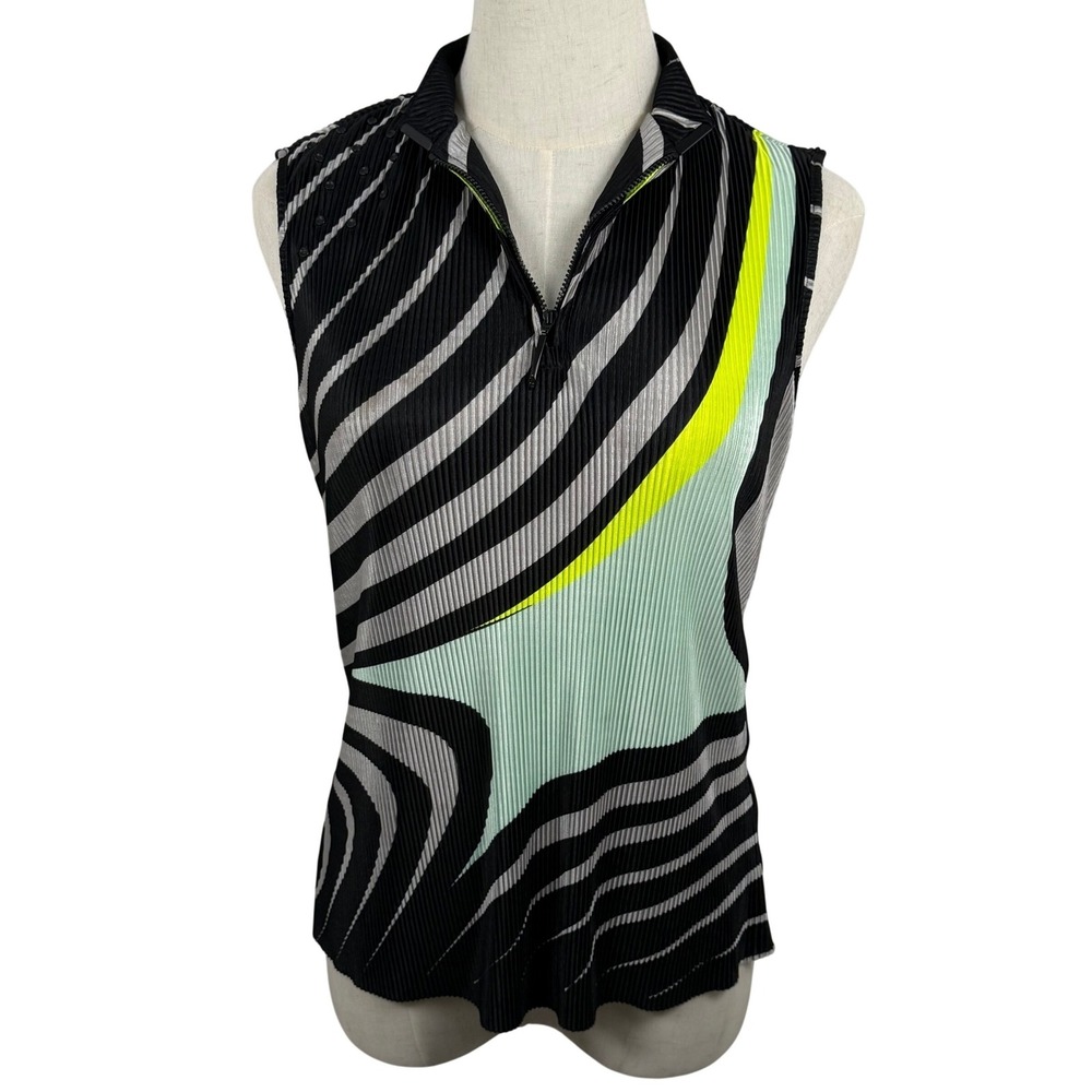 Jamie Sadock Womens XS Sleeveless Top Black Pleated Geometric Zip Golf GUC Core
